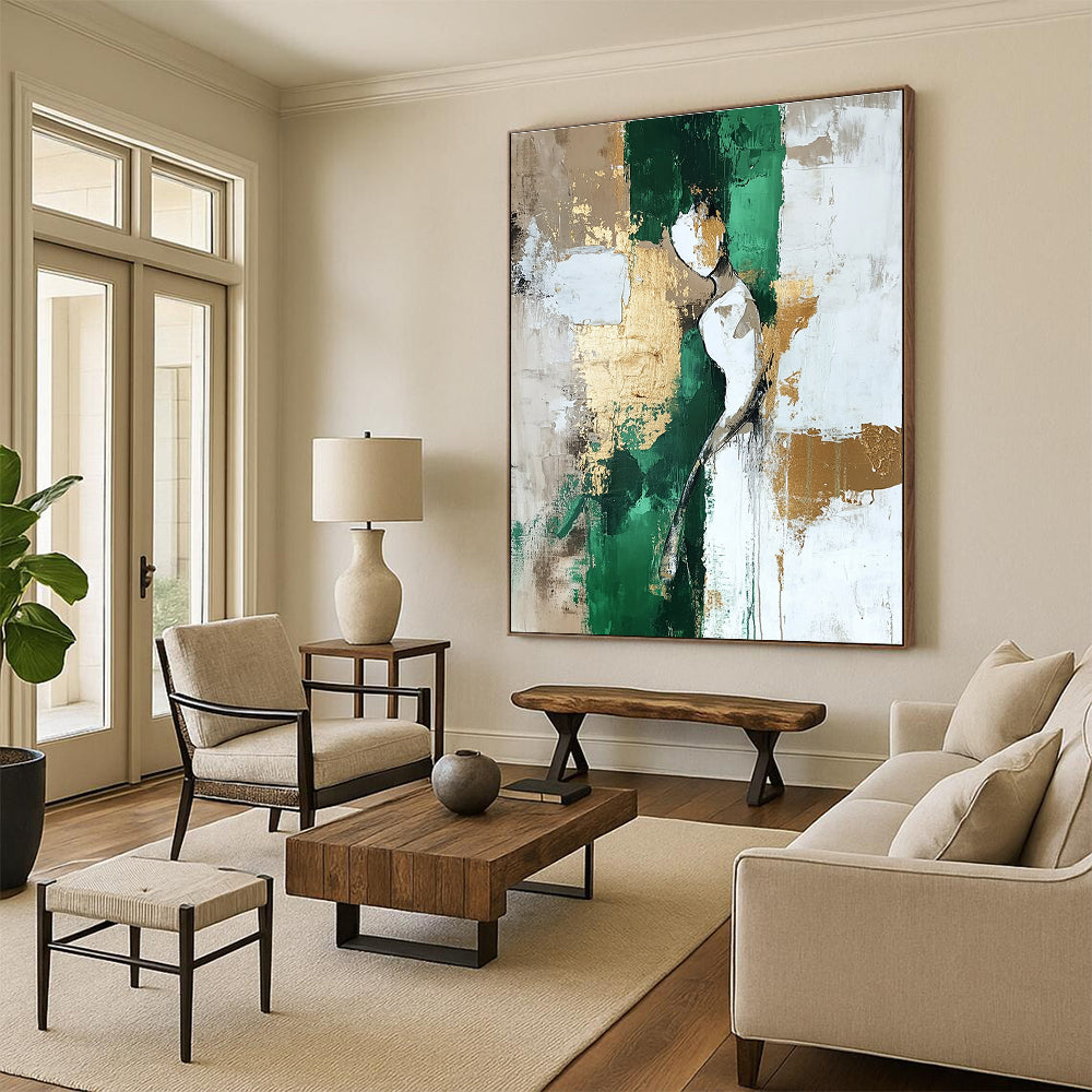 Abstract Figure Painting with Green and Gold Accents GAB0675