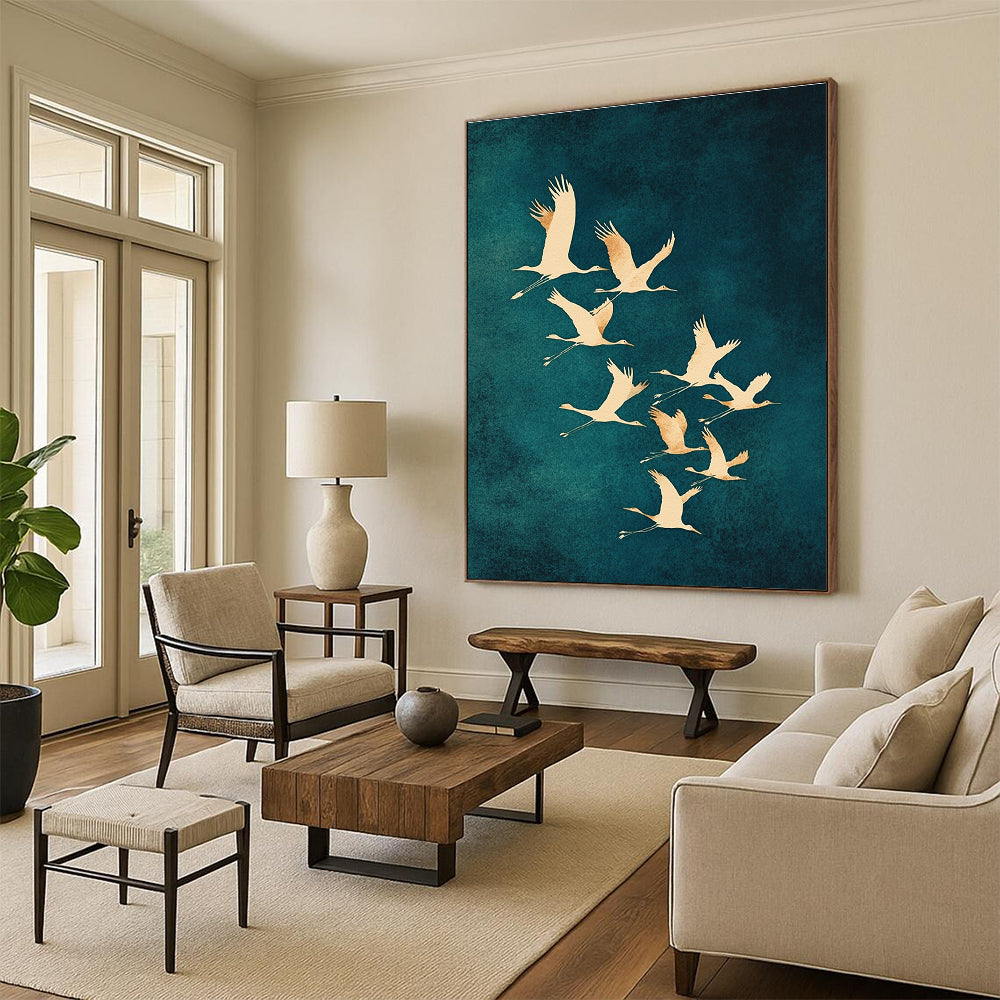 Flying Cranes I Abstract Painting for Asian - Inspired Living Rooms GAB1342