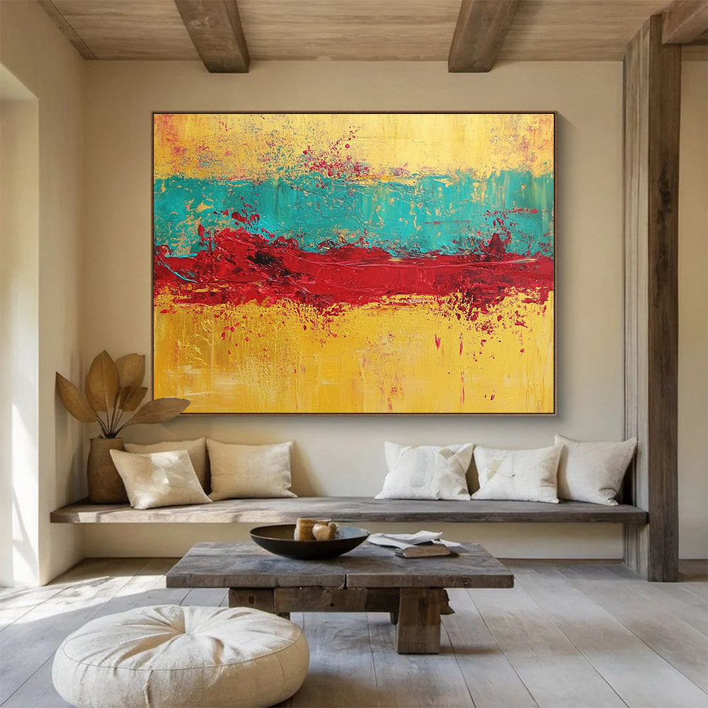 Yellow, Blue, and Red Abstract Painting with Textured Layers ABS428