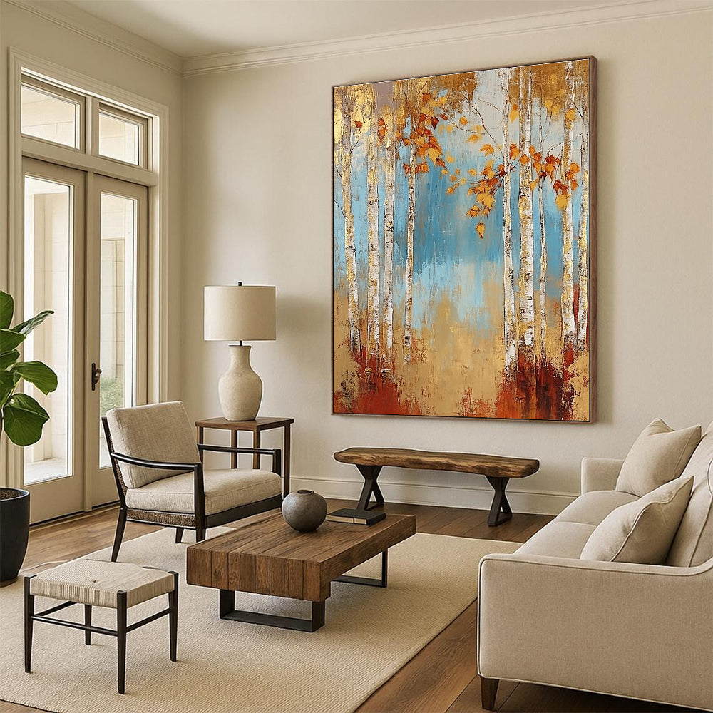 Golden Birch Forest Abstract Painting for Cozy Living Rooms GAB0753