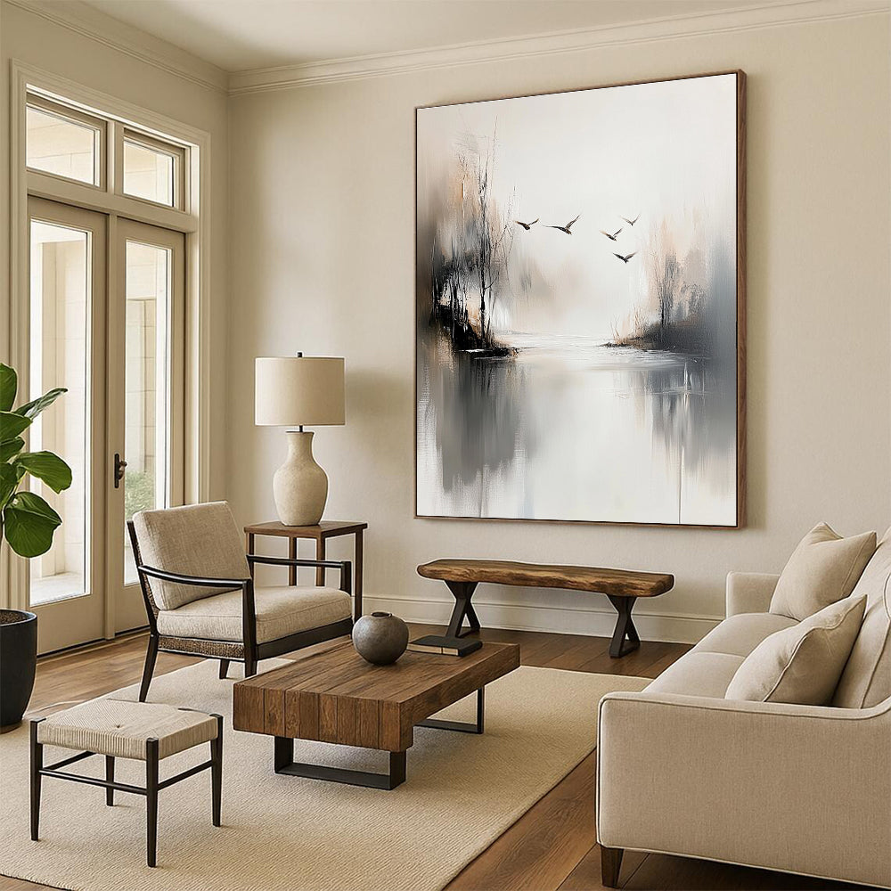 Misty Landscape with Birds Abstract Painting for Serene Meditation Spaces GAB0814