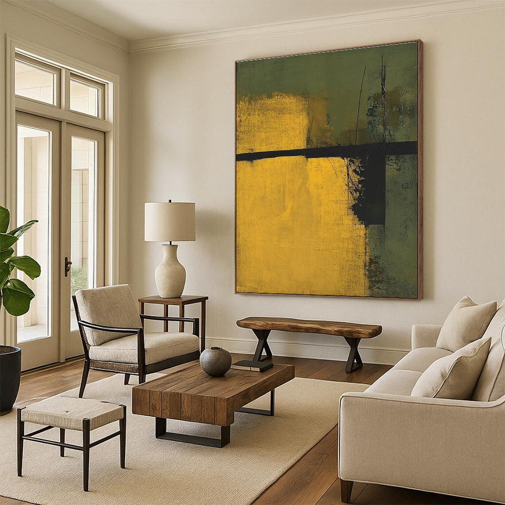 Earthy Green and Yellow Abstract Painting for Nature - Inspired Spaces GAB0685