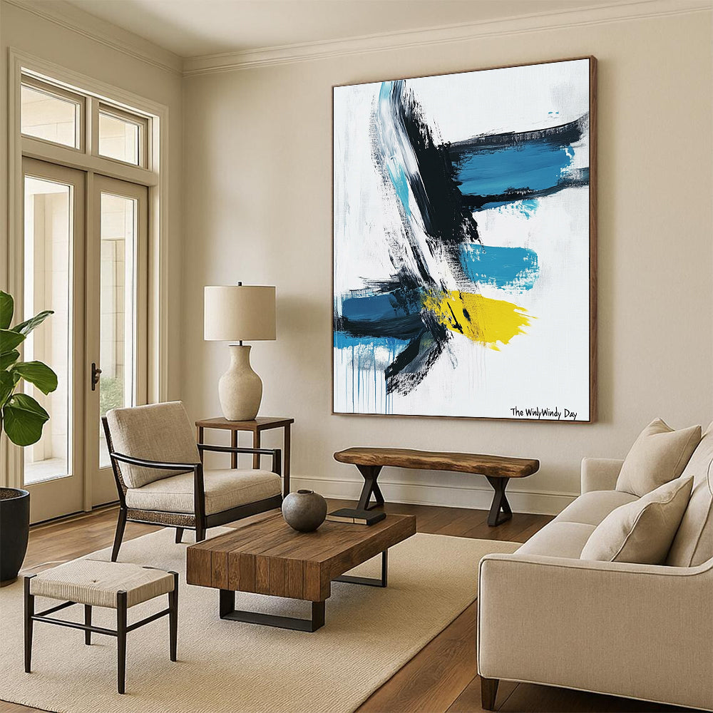 Dynamic Blue and Yellow Abstract Painting of Vivid Motion GAB0206