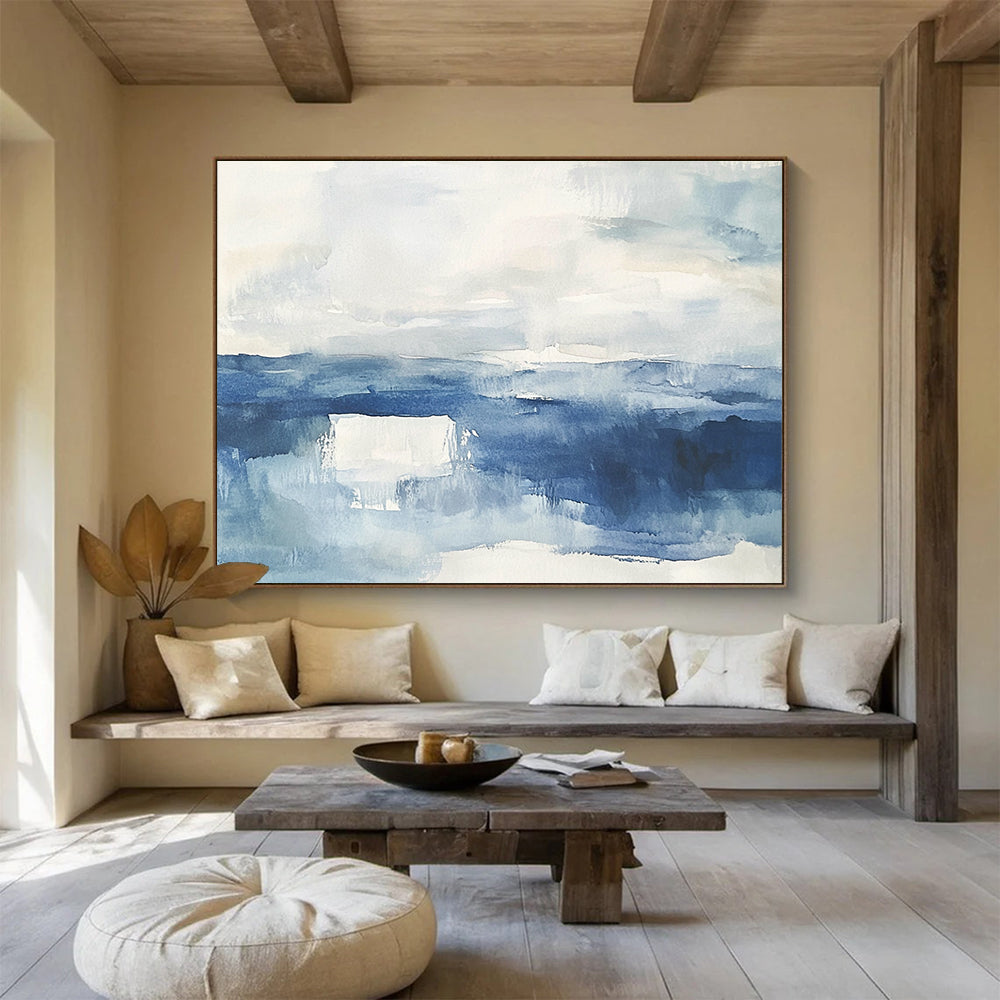 Blue Watercolor Seascape Abstract Painting with Calm, Fluid Beauty ABS448