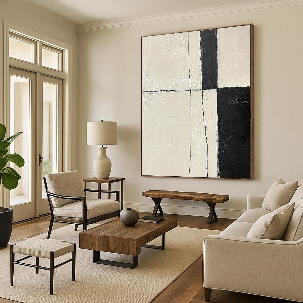 Bold Black and White Lines Abstract Painting with Structured Impact WINK178