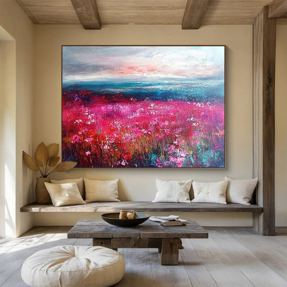 Pink Flower Field and Seascape Abstract Painting with Vivid, Romantic Ambiance ABS472