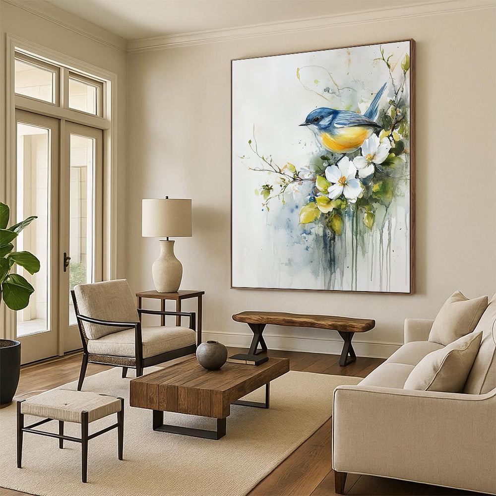 Delicate Bird and Flowers Abstract Painting with Watercolor Whimsy GAB0017