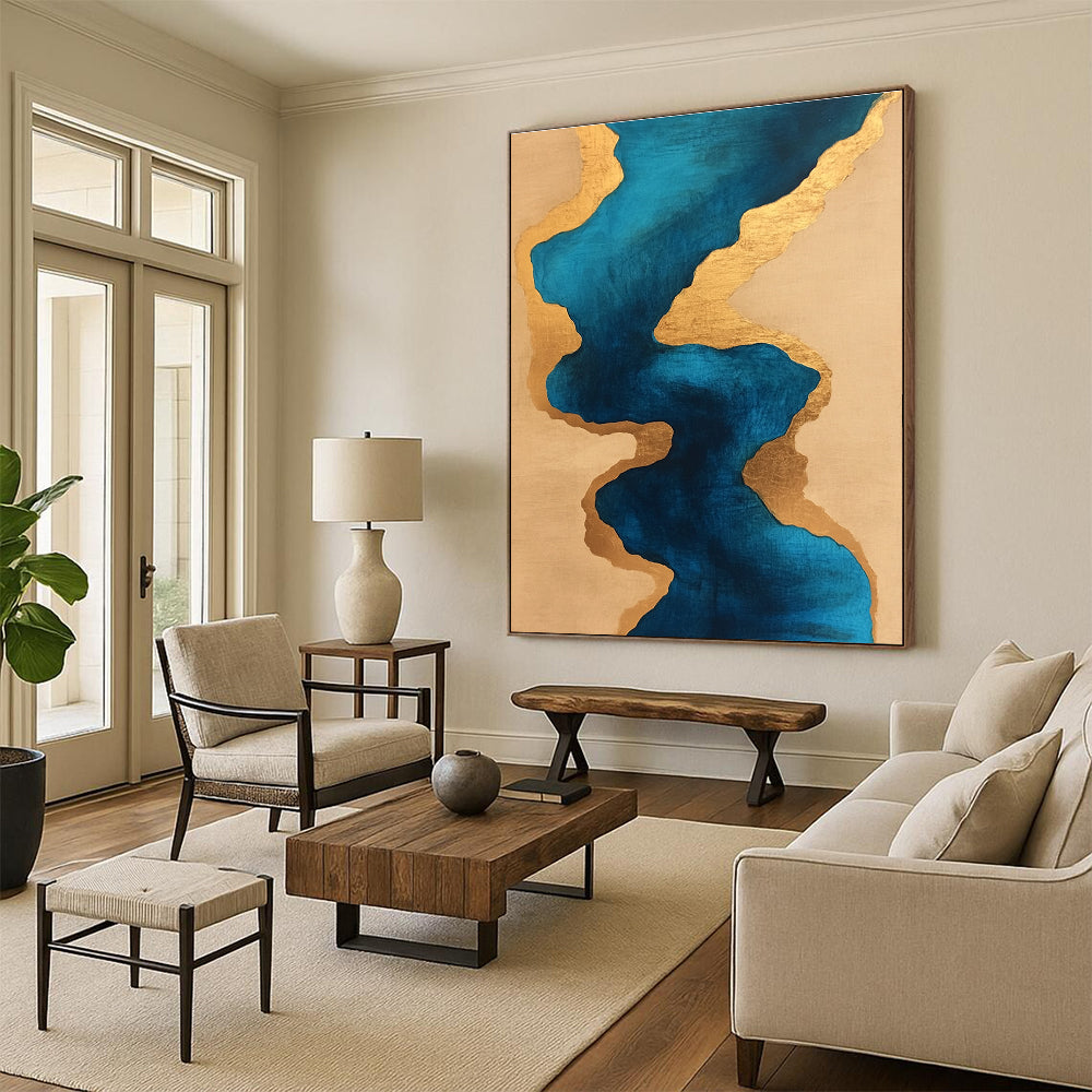 Blue and Gold Fluid Shapes Abstract Painting with Luxurious Flow WINK234