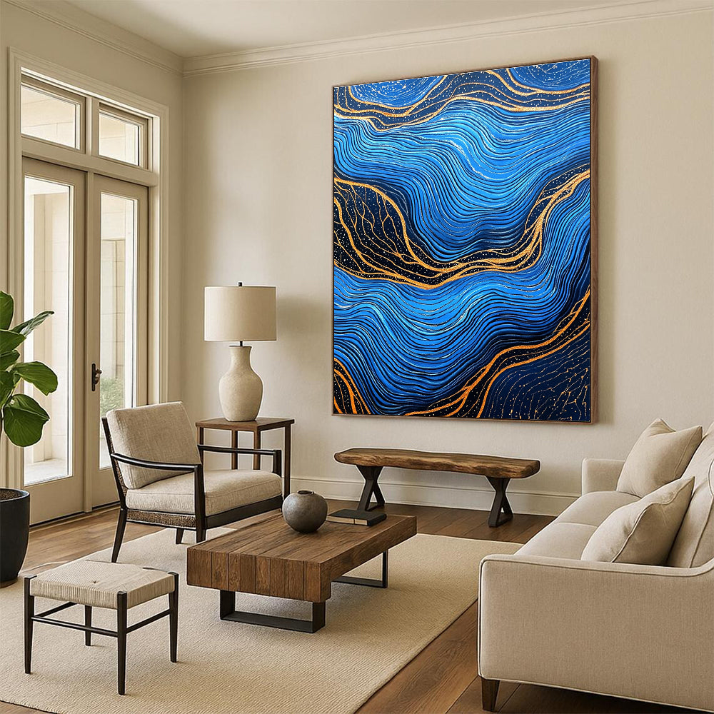 Blue and Gold Wave Patterns Abstract Painting of Oceanic Rhythms GAB0082