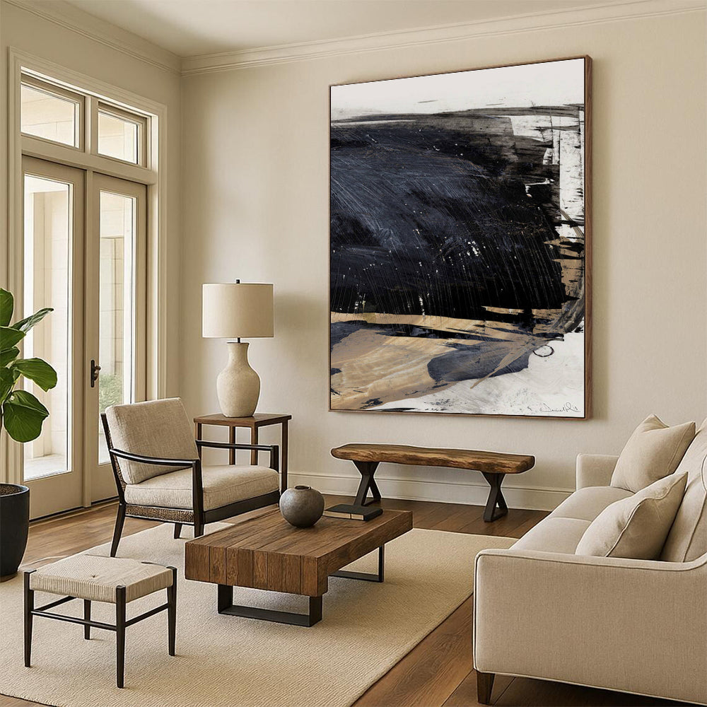 Dynamic Black - Beige Abstract Painting for Contemporary Art Exhibits HENG202