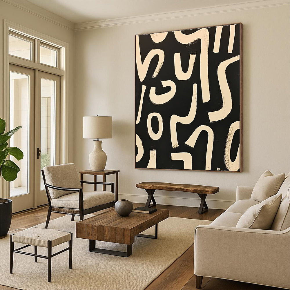 Black and White Curved Lines Dynamic Abstract Painting GAB0370