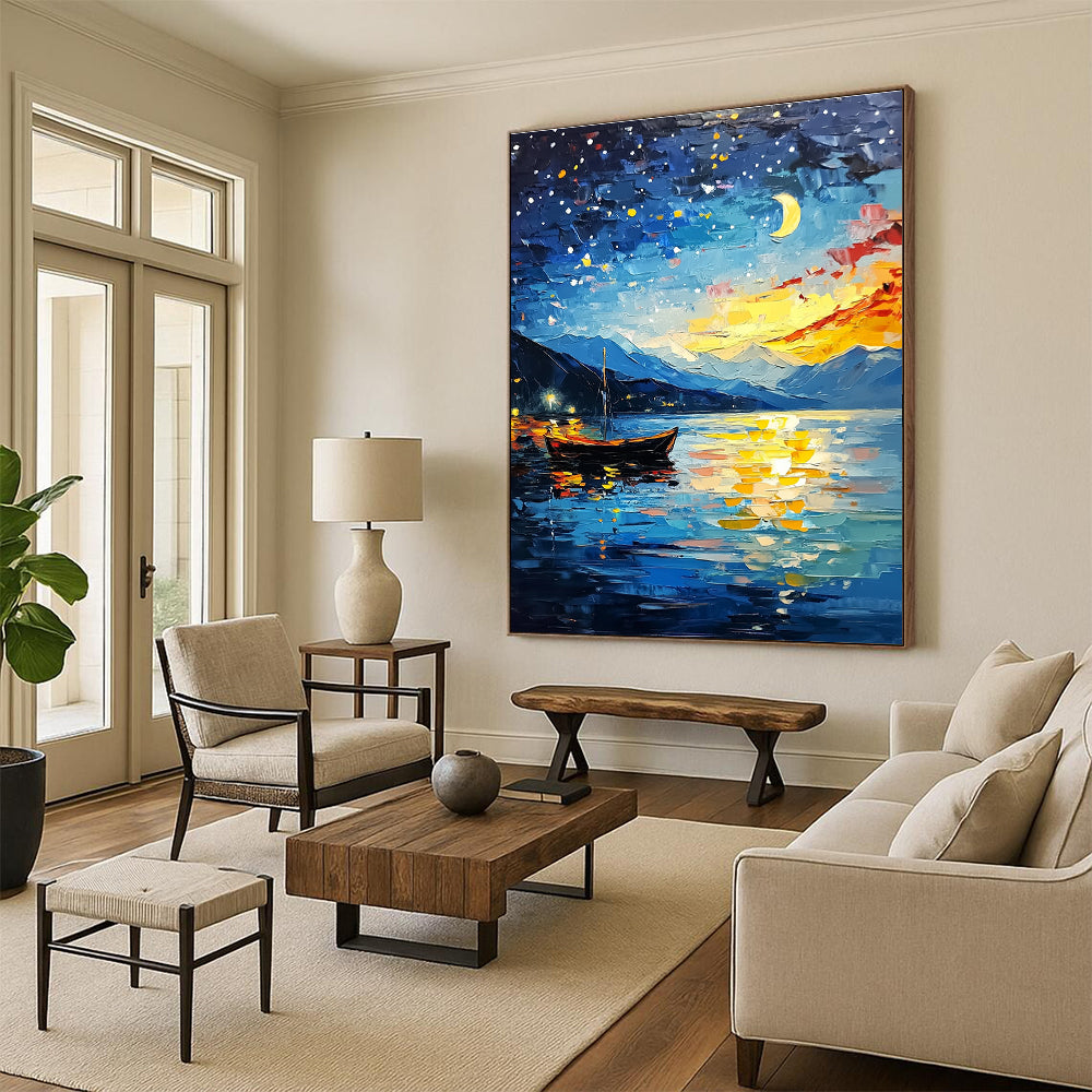 Moonlit Lake with Boat Enchanting Landscape Abstract Painting GAB0283