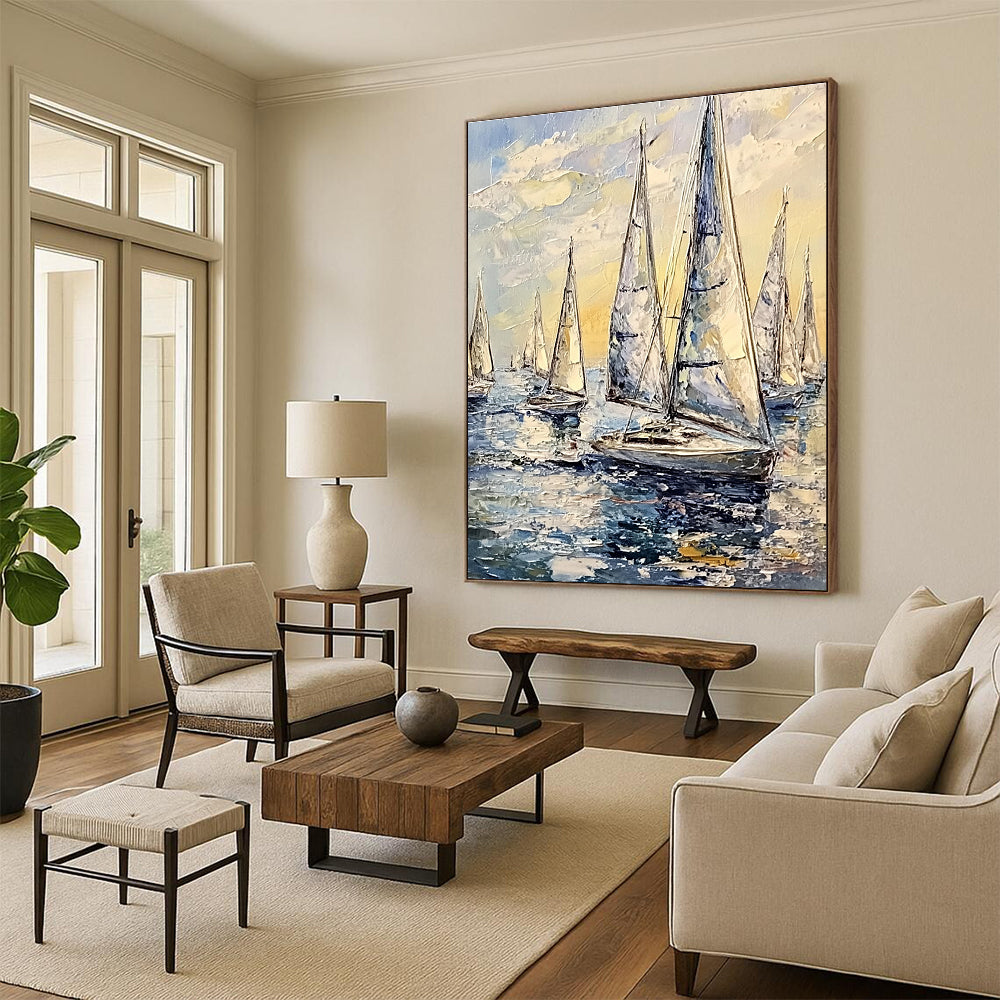 Fleet of Sailboats on Sea Vivid Abstract Painting for Energetic Spaces GAB1464