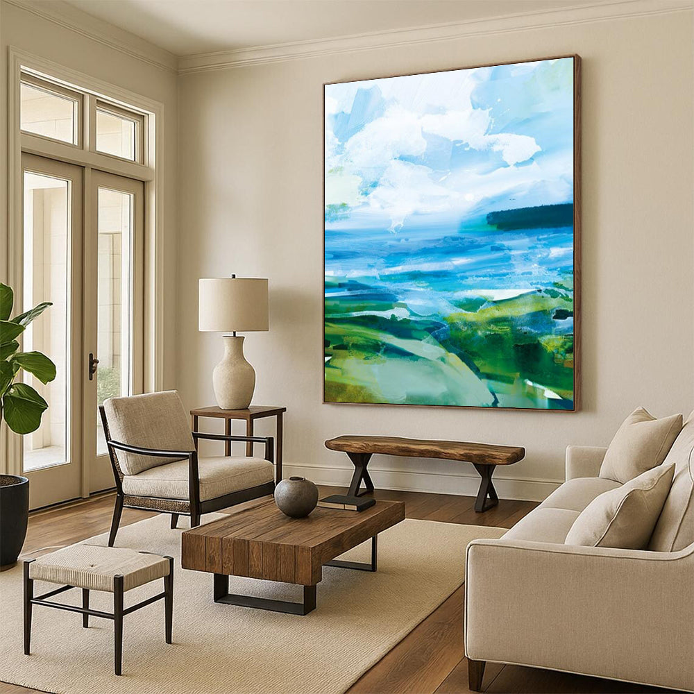 Vibrant Blue - Green Landscape Abstract Painting for Nature - Inspired Cafés HENG183