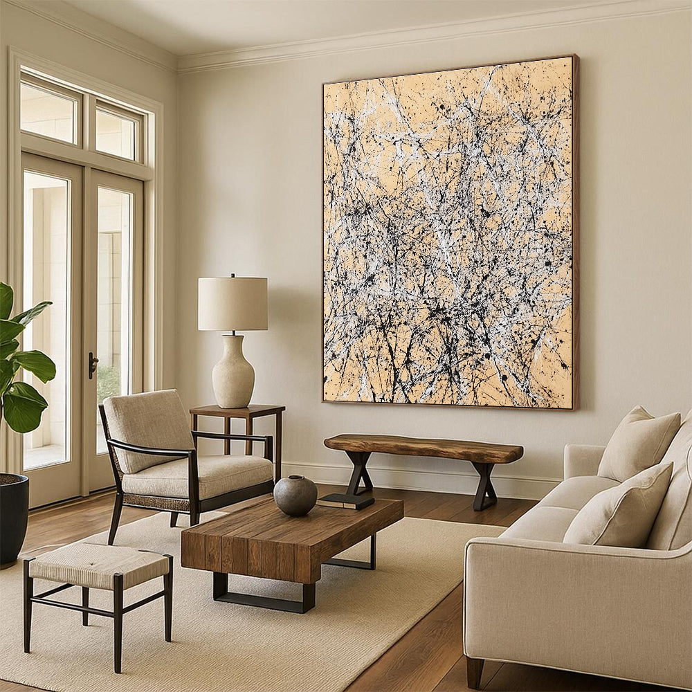 Splattered Ink on Beige Abstract Painting with Dynamic Energy WINK002