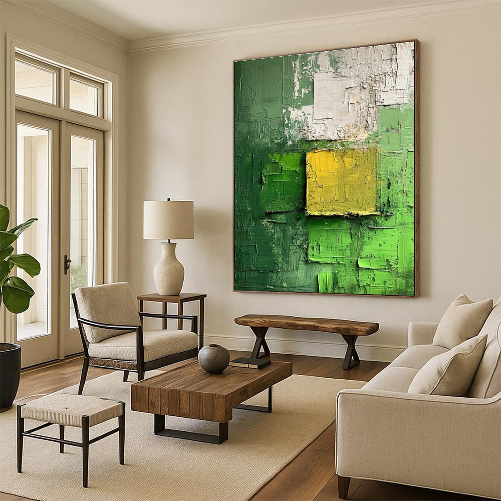 Green and Yellow Textured Abstract Painting for Eco - Friendly Retail Spaces HENG029