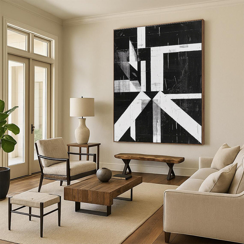 Black and White Geometric Abstract Painting with Bold Structure WINK009