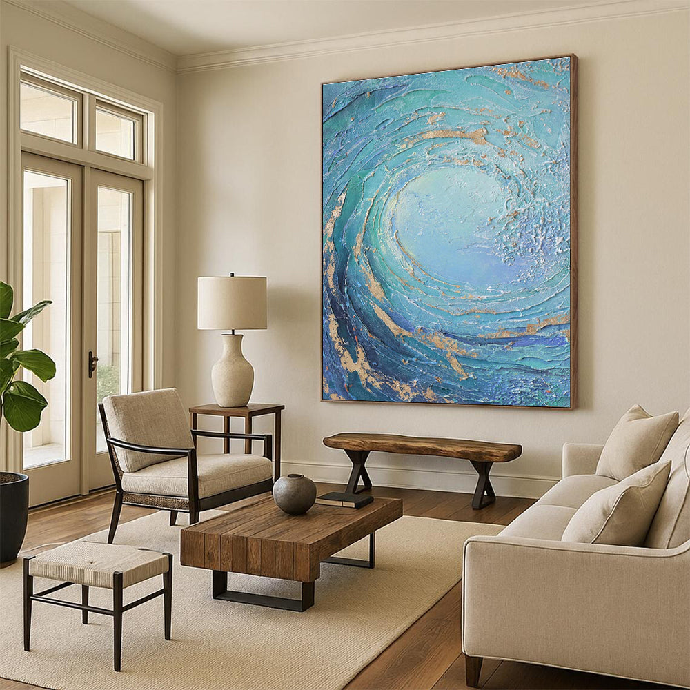 Textured Blue and Gold Vortex Abstract Painting for Luxurious Interiors HENG332