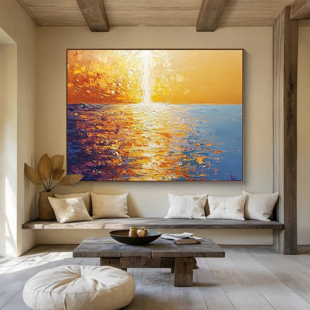 Golden Sunset Sea Abstract Painting with Rich Textures ABS264