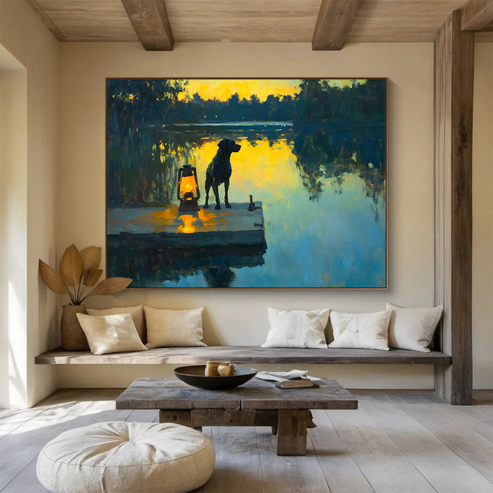 Dog by Lantern on Dock Abstract Painting with Evening Serenity ABS591