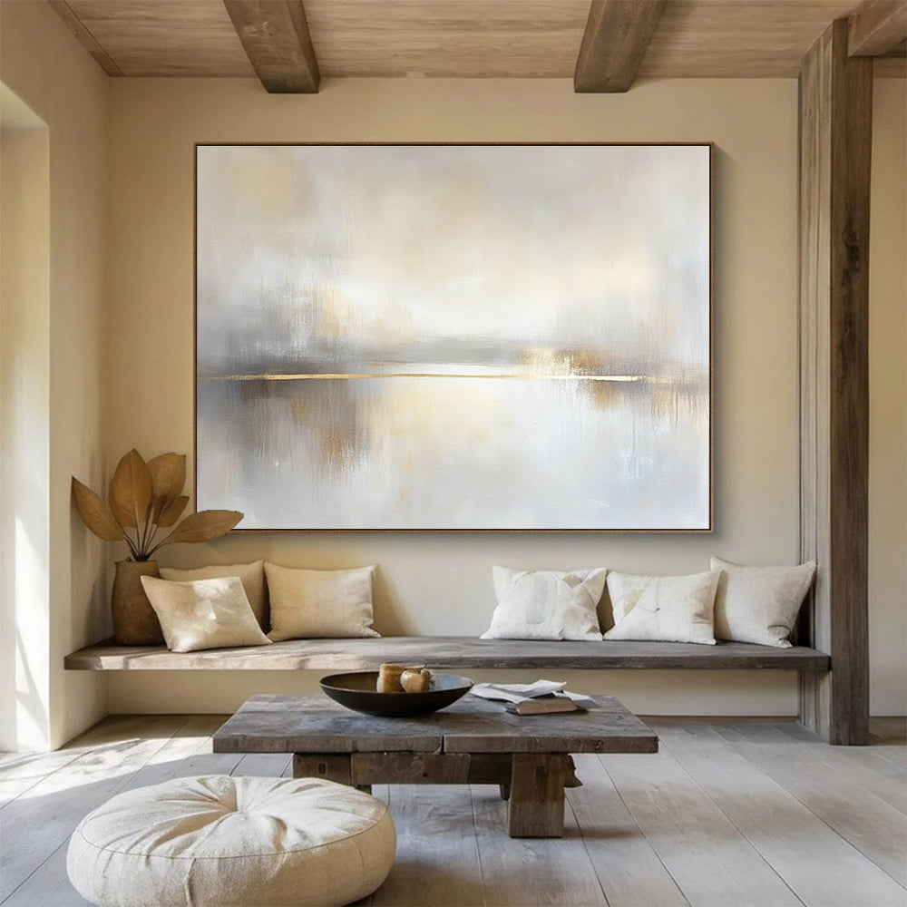 Golden Stripe Lake Abstract Painting with Subtle Elegance ABS295