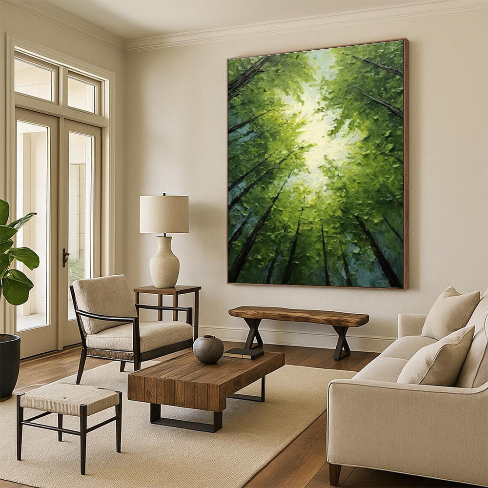 Serene Sunlit Forest Canopy Abstract Painting for Peaceful Spaces HENG266