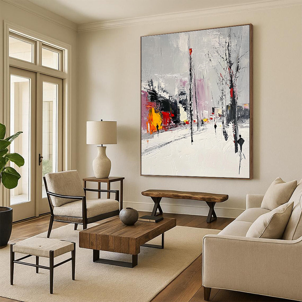 Snowy Urban Street - Winter City Abstract Painting GAB0608