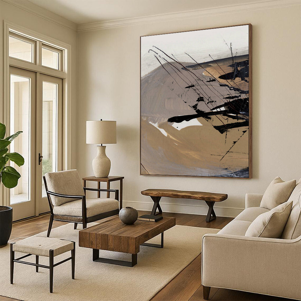 Expressive Black - Beige Abstract Painting for Industrial - Style Cafés HENG201