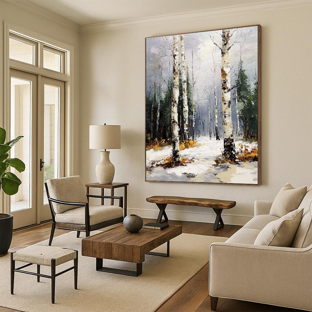 Winter Birch Forest Serene Abstract Painting for Calm Interiors GAB1423