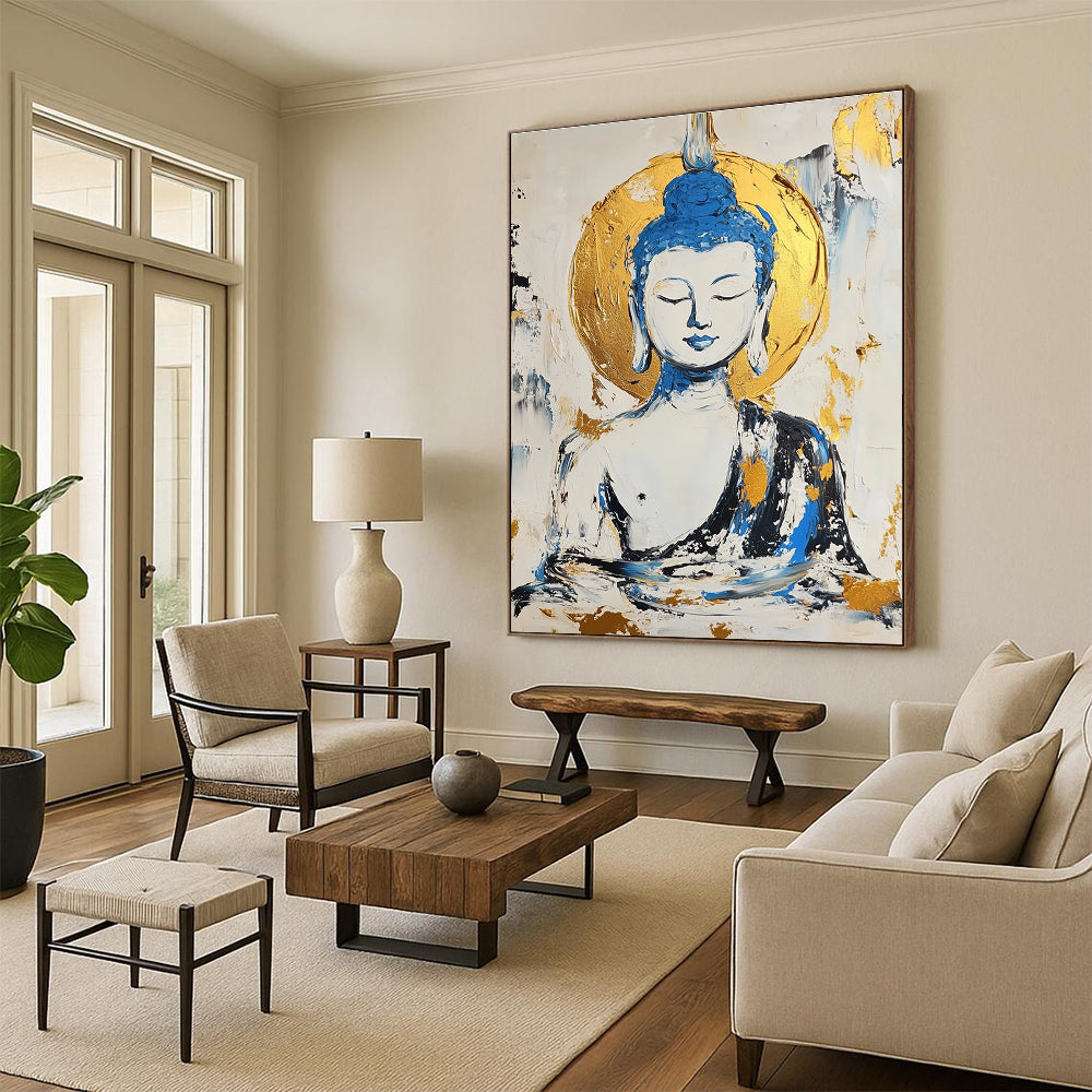 Buddha in Blue and Gold Abstract Painting for Spiritual Retreat Centers GAB0799