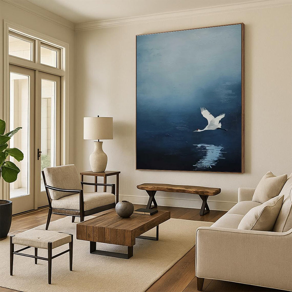 White Crane in Blue Sky Abstract Painting for Zen - Inspired Bedrooms HENG510