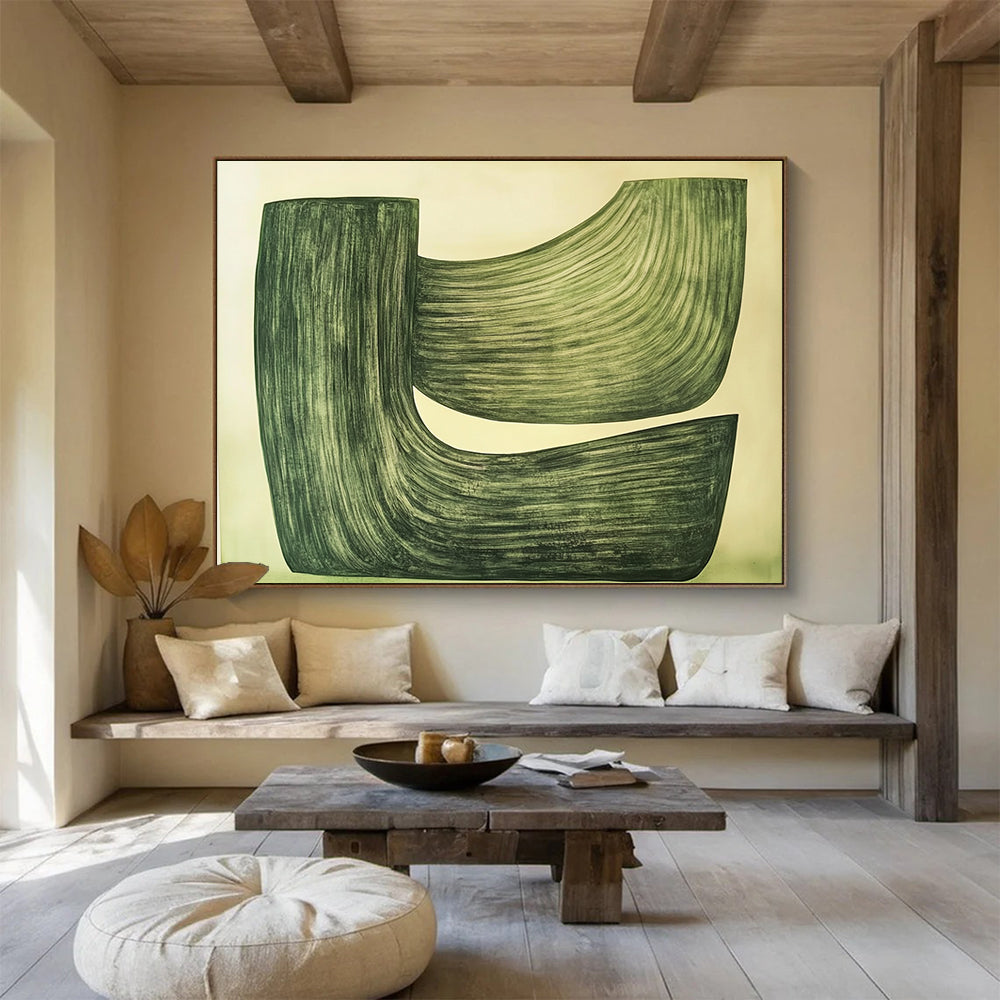Green Curved Shapes Abstract Painting with Subtle Movement ABS611
