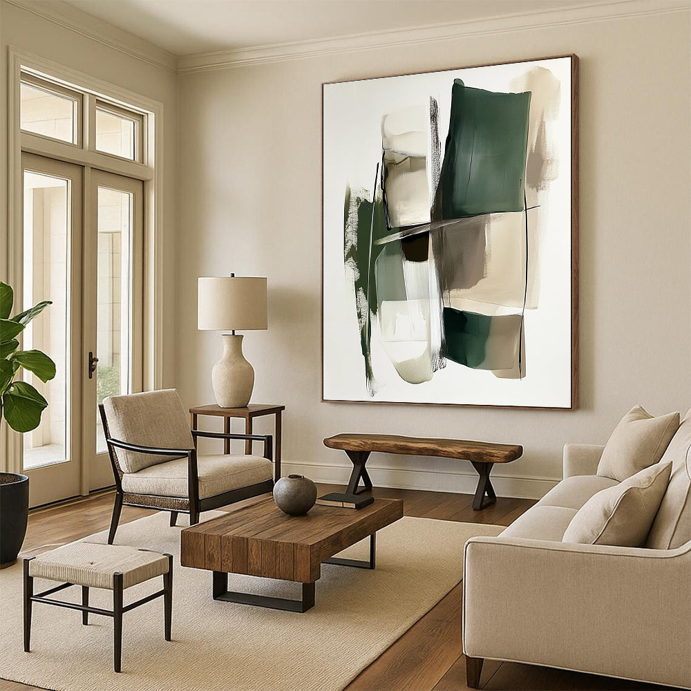 Green Beige Abstract Painting with Layered Geometry WINK560