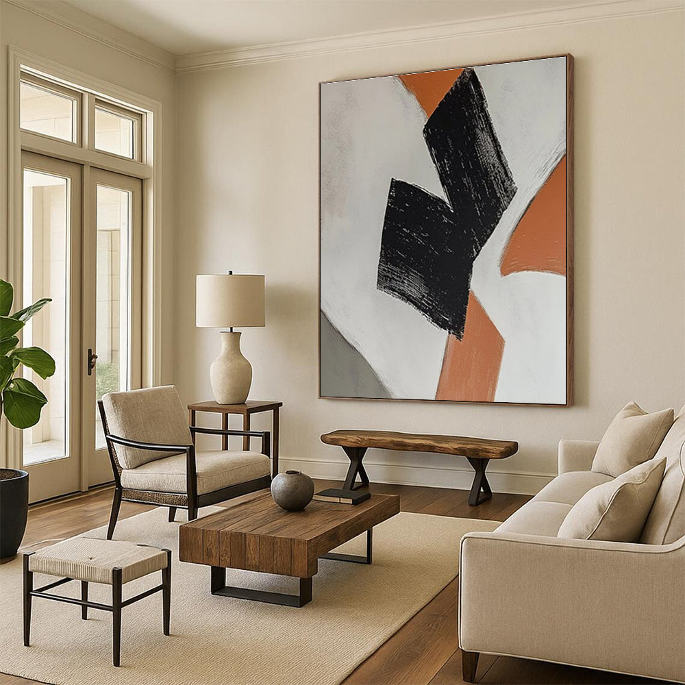 Black - Orange Minimalist Abstract Painting for Scandinavian - Style Homes HENG111