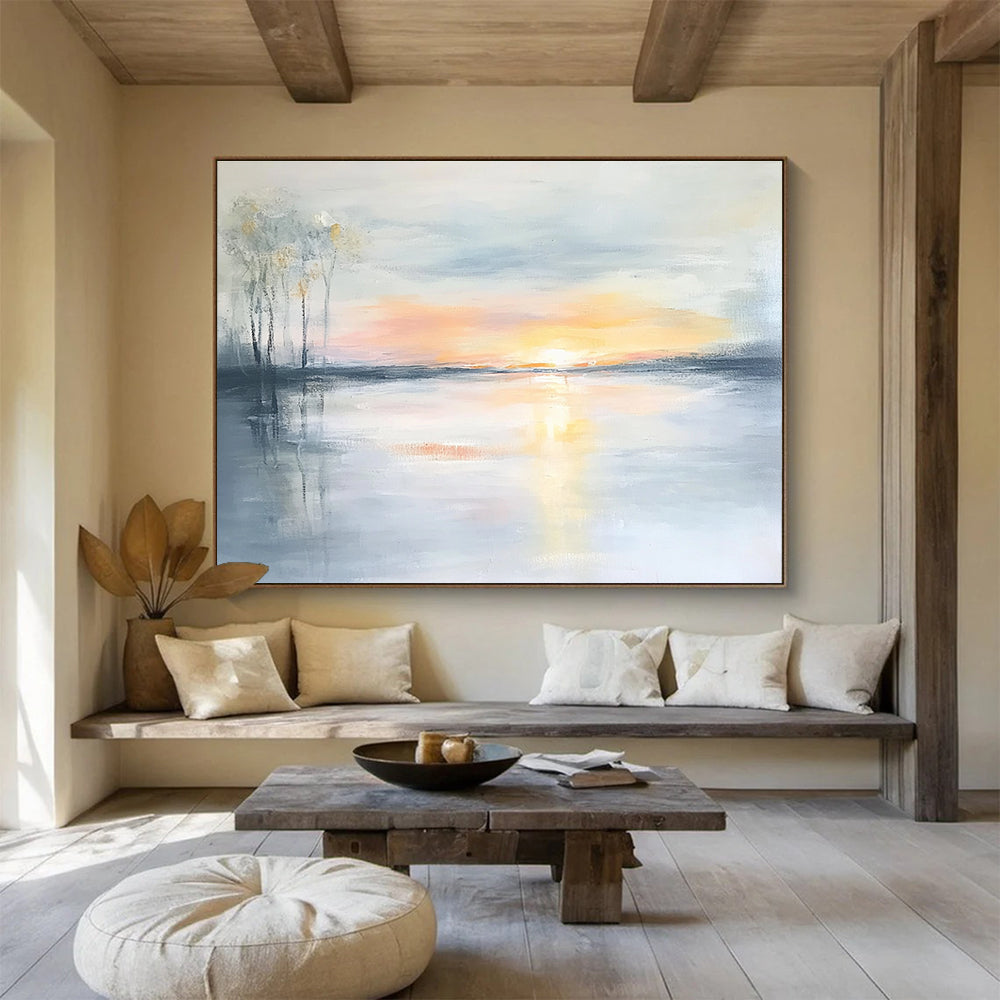 Serene Sunset Lake Abstract Painting with Soft Reflections ABS242