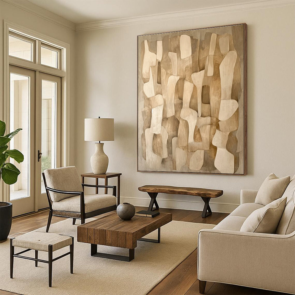 Beige Abstract Shapes Abstract Painting for Minimalist Living Rooms HENG021