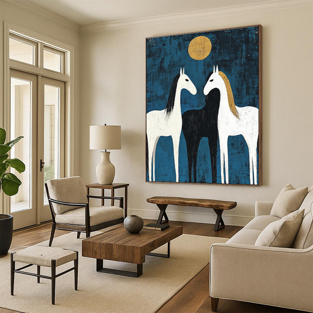 Two Horses Under Golden Moon - Symbolic Equine Abstract Art GAB0512