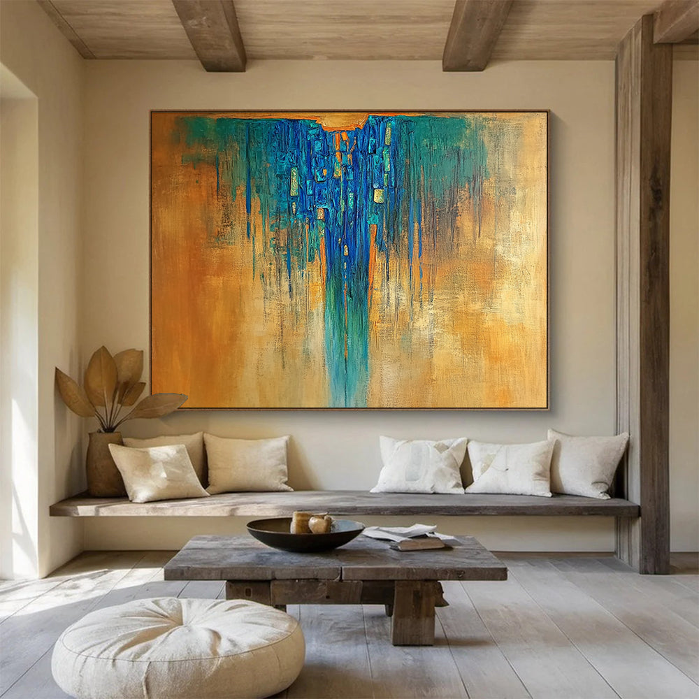 Blue - Orange Drip Abstract Painting with Rich, Textured Flow ABS498