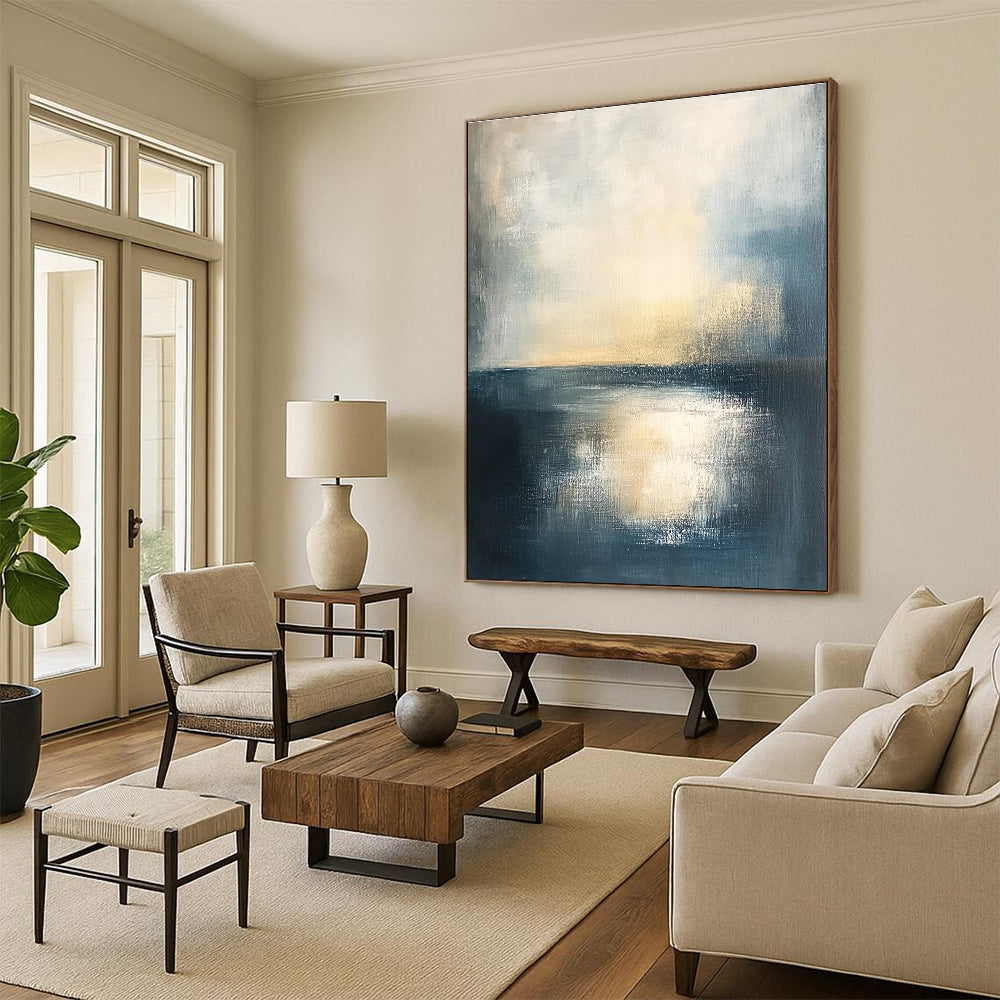 Serene Blue - Gold Sea Abstract Painting: Coastal Sunset Tranquility GAB0957