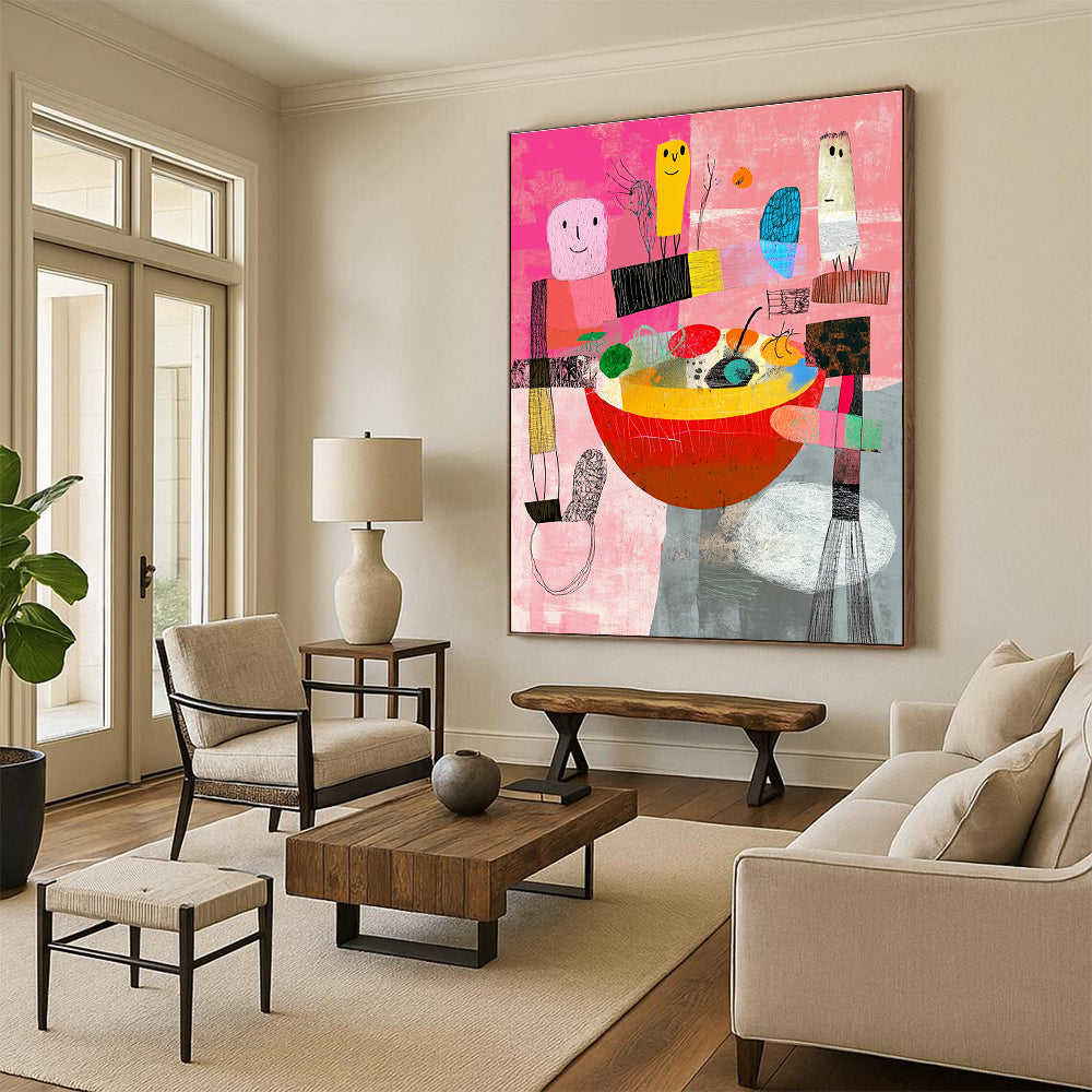 Pink and Colorful Figures Abstract Painting of Whimsical Gathering GAB0097