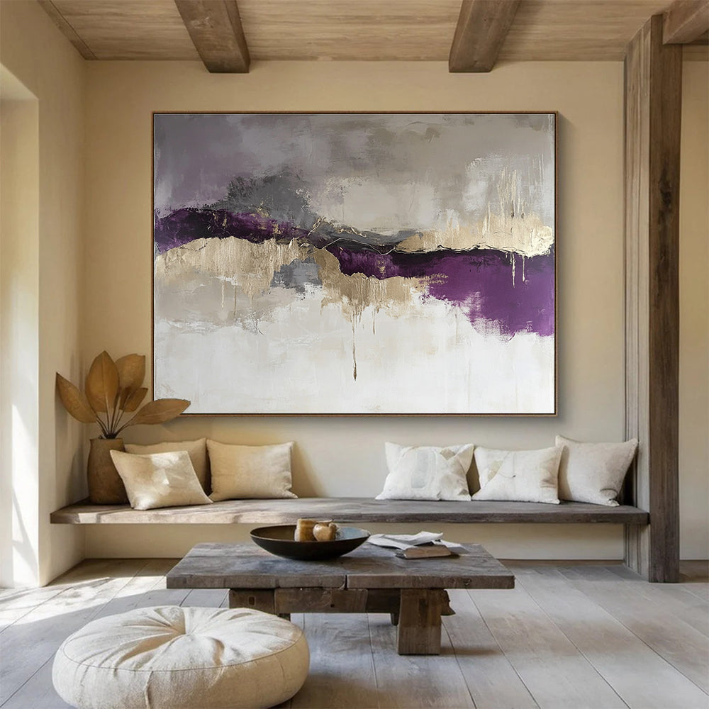 Purple and Gold Abstract Painting with Dramatic, Flowing Textures ABS474