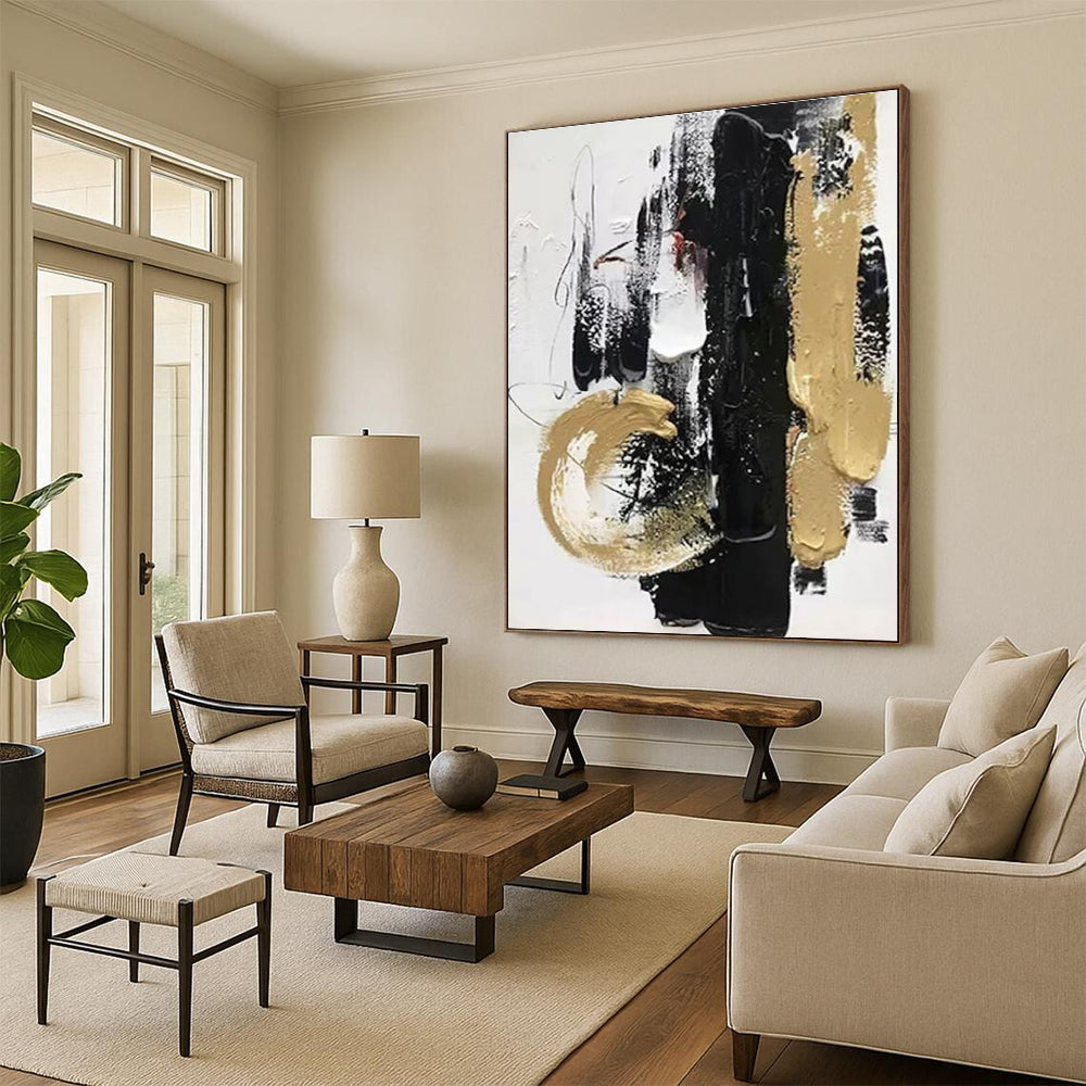 Black - Gold - White Abstract Expression Painting for Luxury Home Entrances HENG146