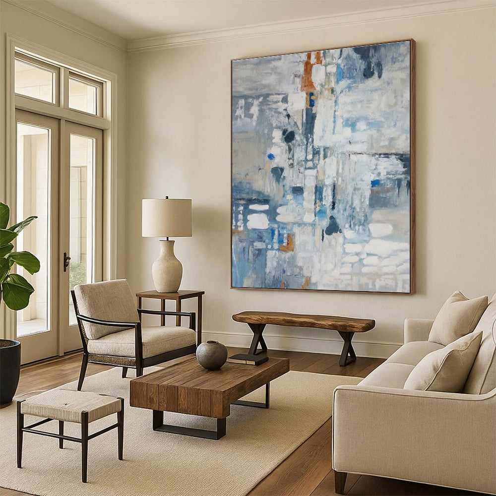 Blue and Gray Abstract Painting for Coastal Home Studies HENG028