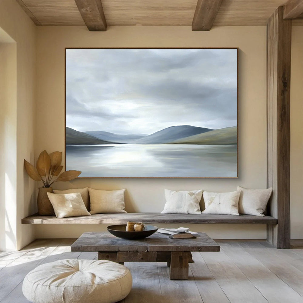 Gray Mountain Lake Abstract Painting with Muted Tones ABS290