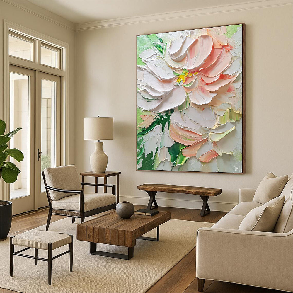 Textured White and Pink Flower Romantic Abstract Painting for Feminine Spaces GAB1446