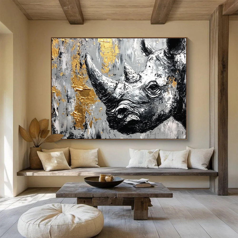 Rhino with Gold Accents and Textured Surface Abstract Painting ABS327