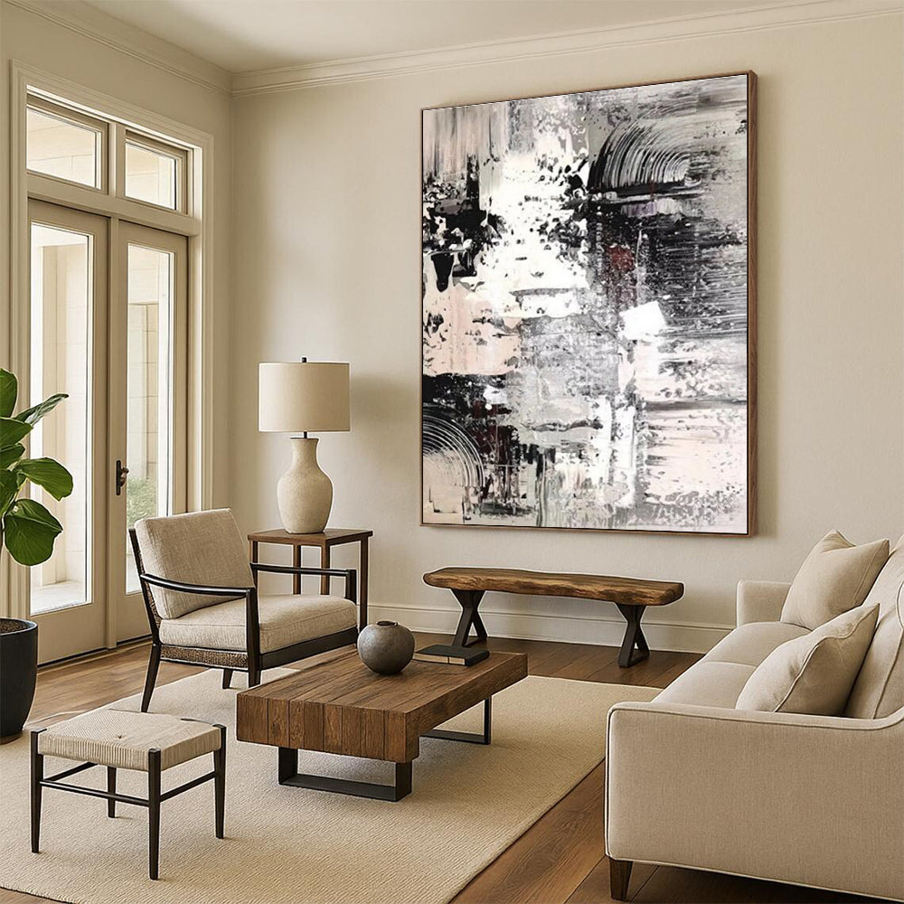 Monochrome Textured Abstract Painting for Serene Home Libraries HENG392