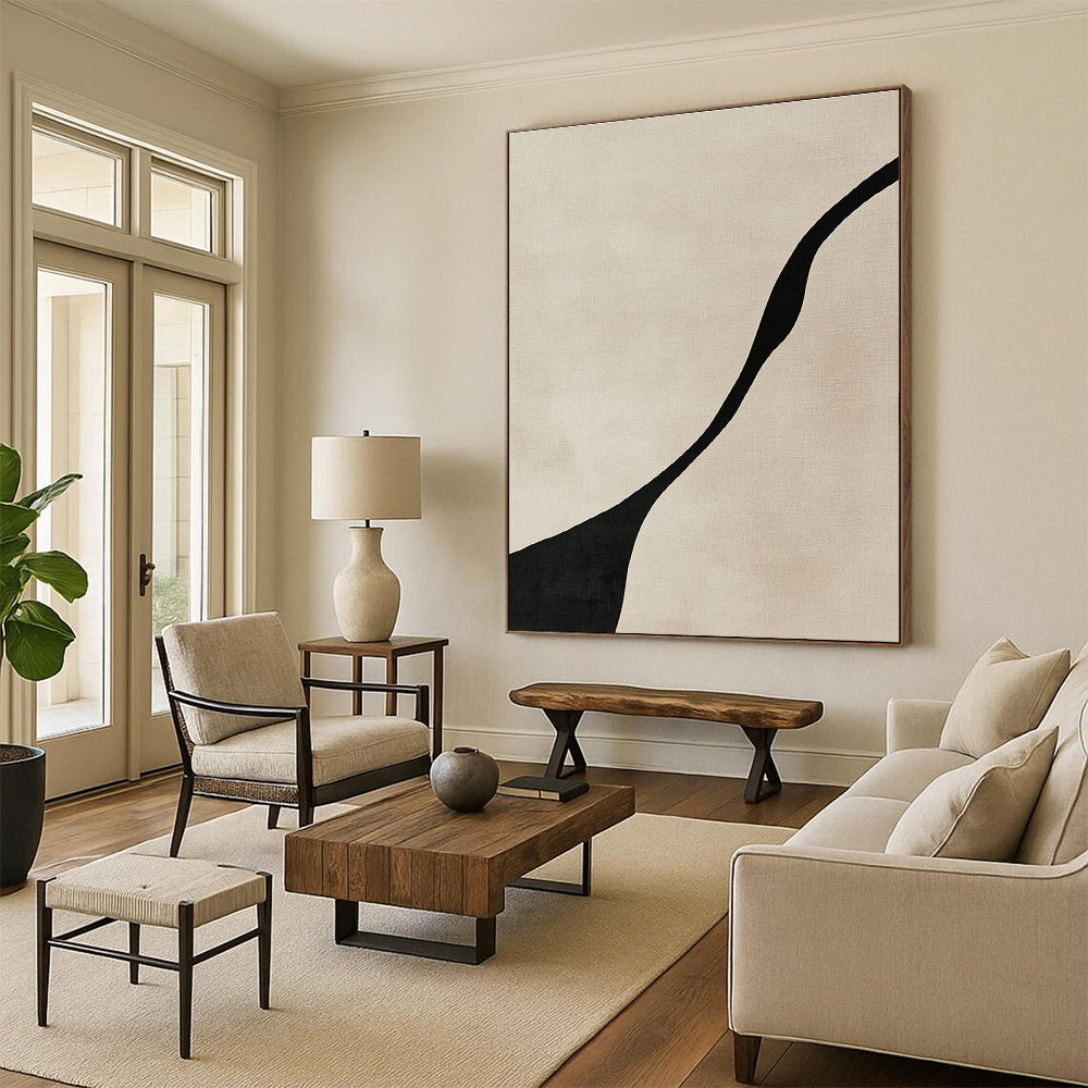 Curved Black Line Abstract Painting for Monochrome - Themed Hallways GAB1384
