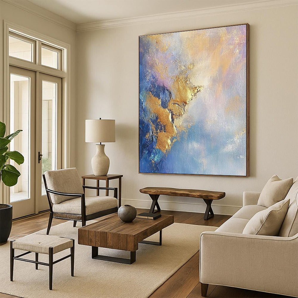Gold Accented Blue Purple Abstract Painting with Metallic Highlights WINK625