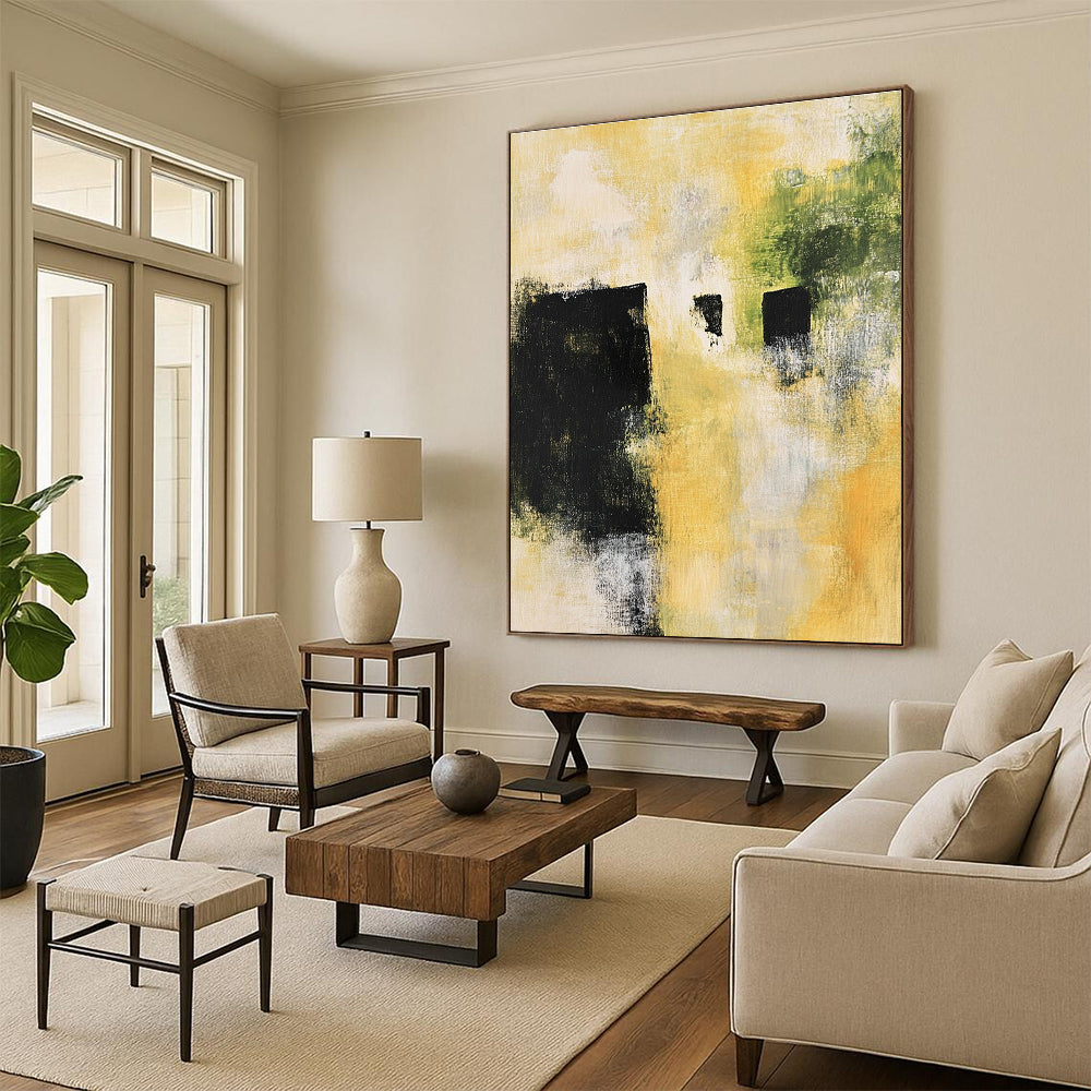 Minimalist Black Yellow Abstract Painting with Quiet Impact WINK754